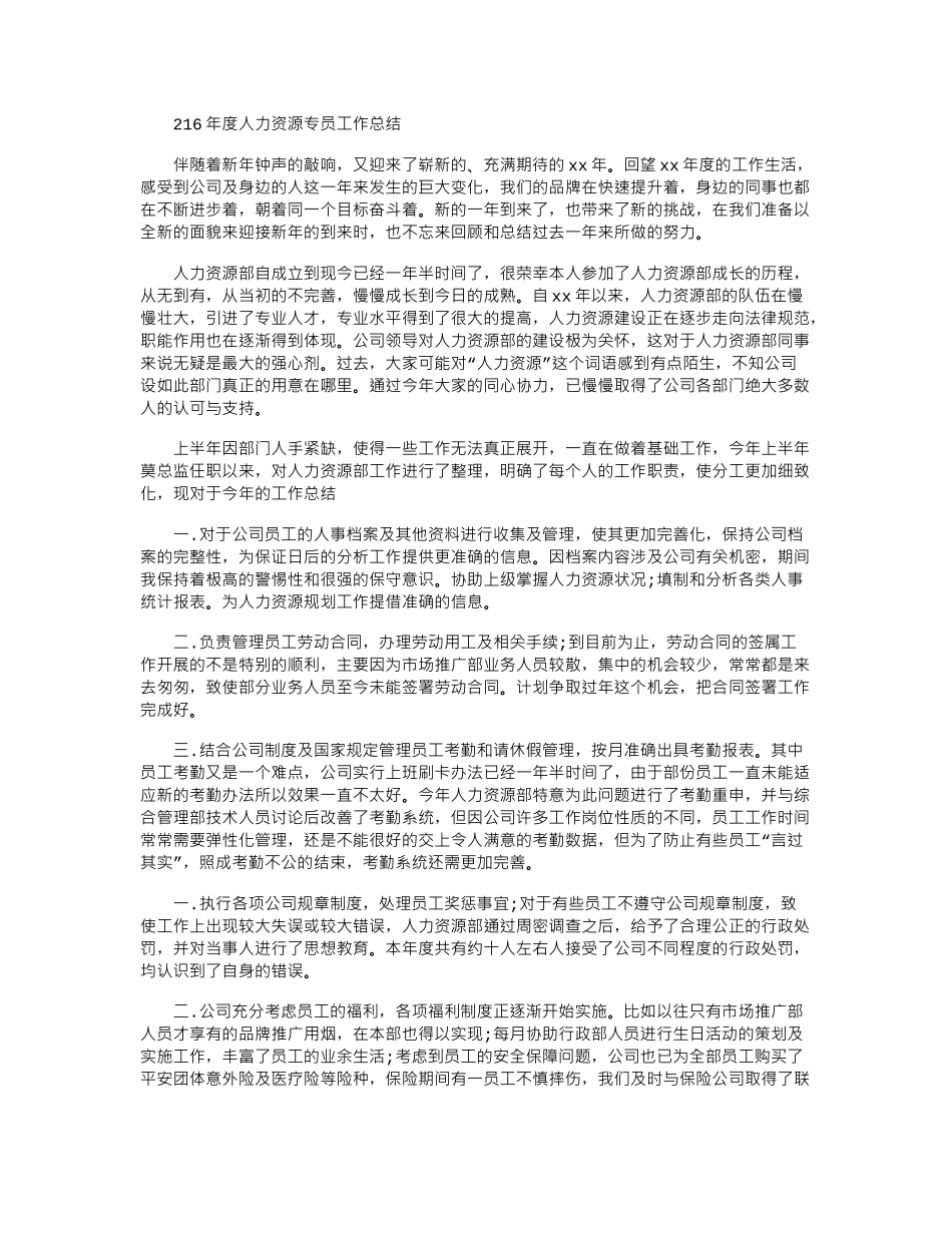 2024年度人力资源专员工作总结_第1页
