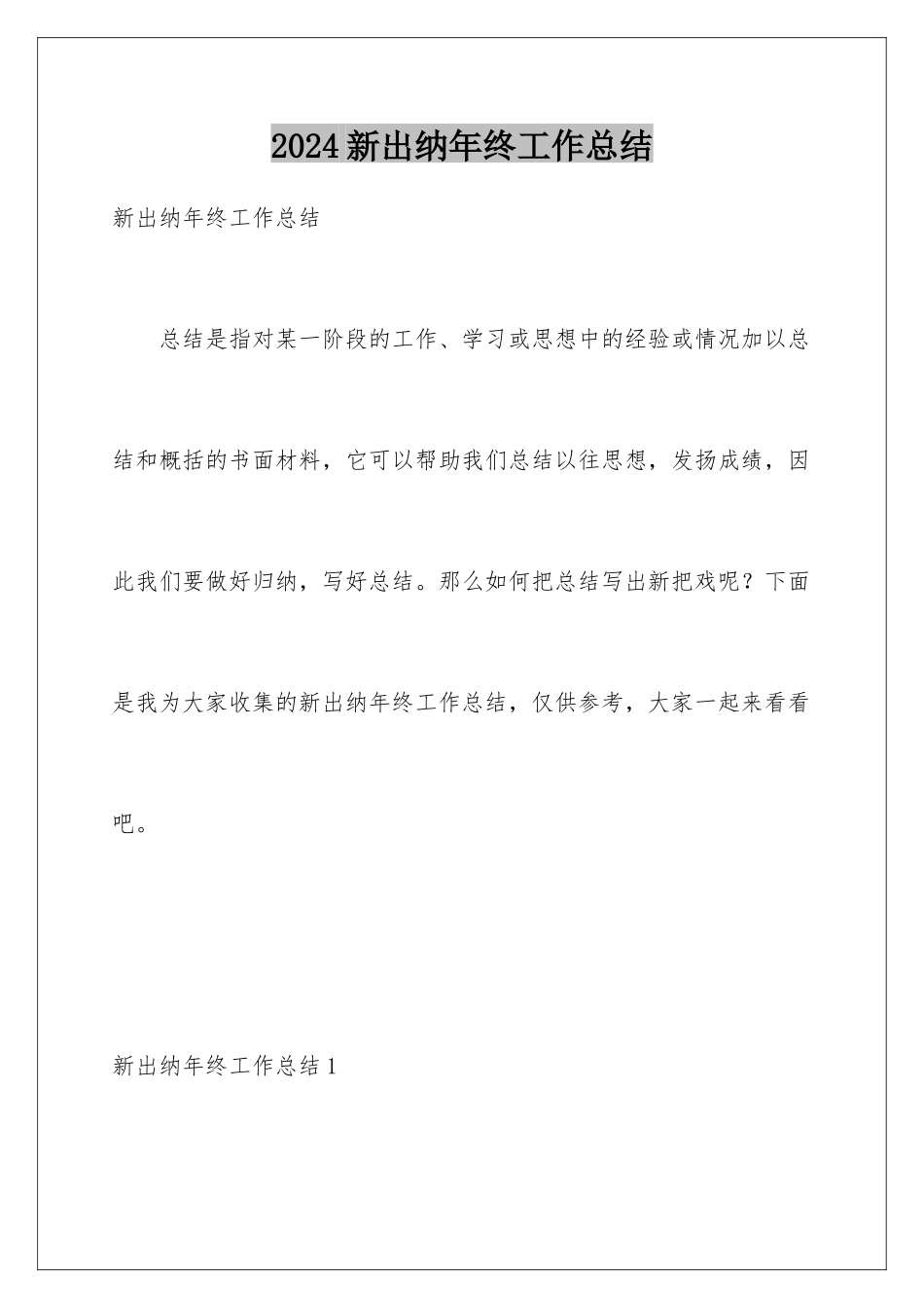 2024年新出纳年终工作总结_第1页