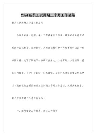 2024年新员工试用期三个月工作总结