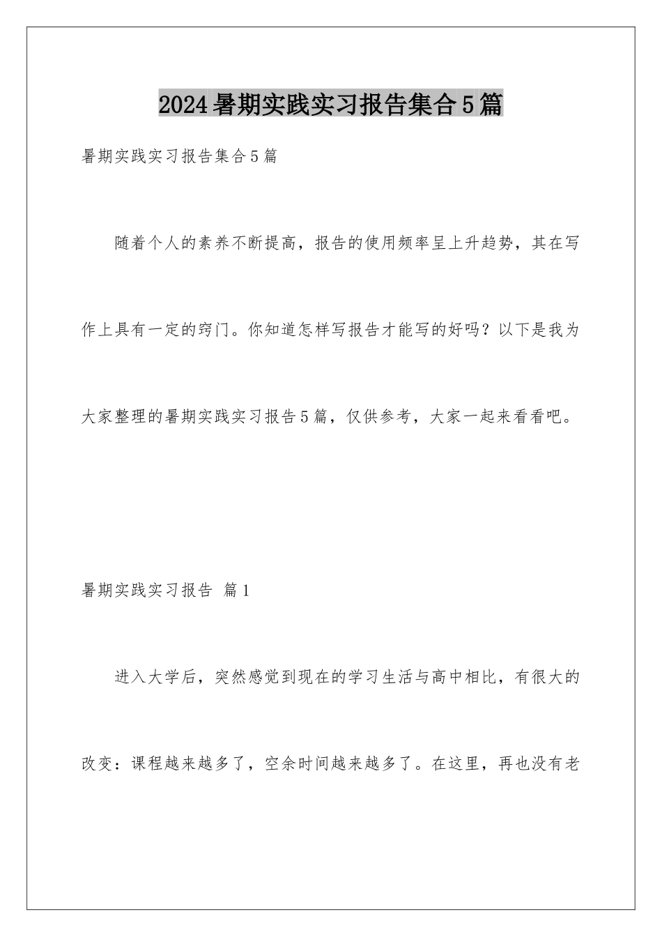 2024年暑期实践实习报告集合5篇_第1页