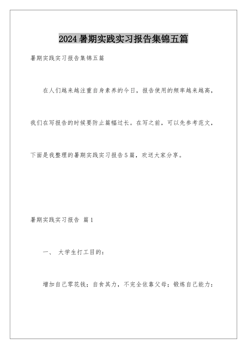 2024年暑期实践实习报告集锦五篇_第1页