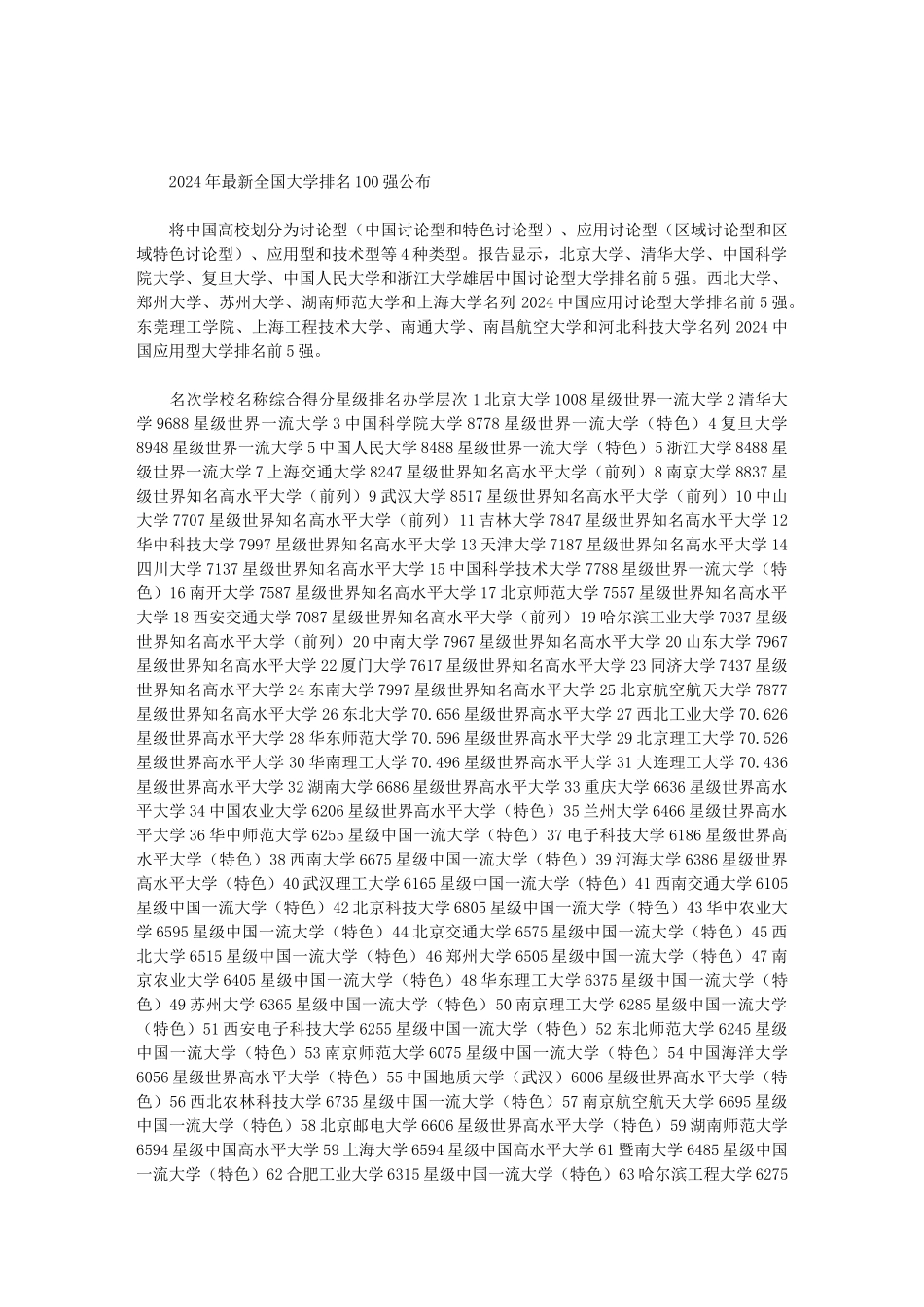 2024年最新全国大学排名100强公布范文_第1页