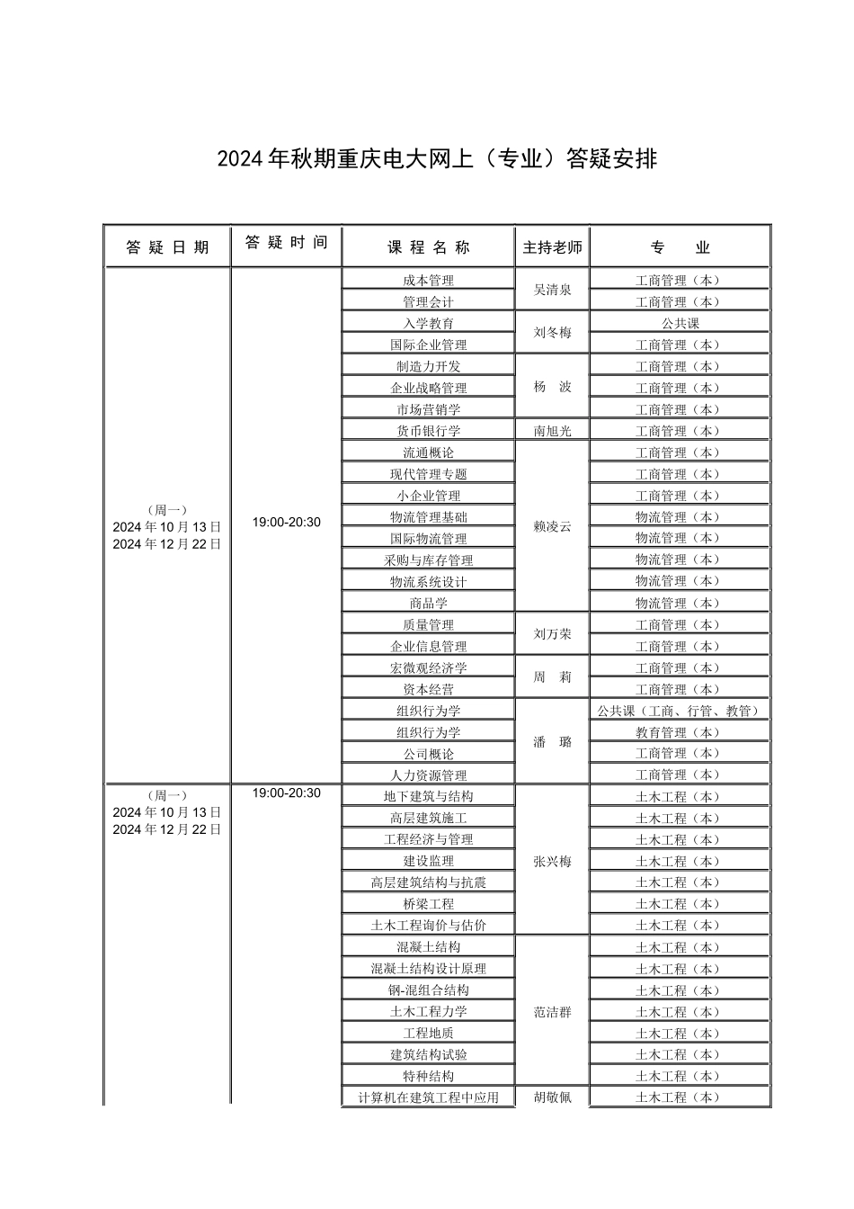 2024年秋期重庆电大网上答疑安排_第1页