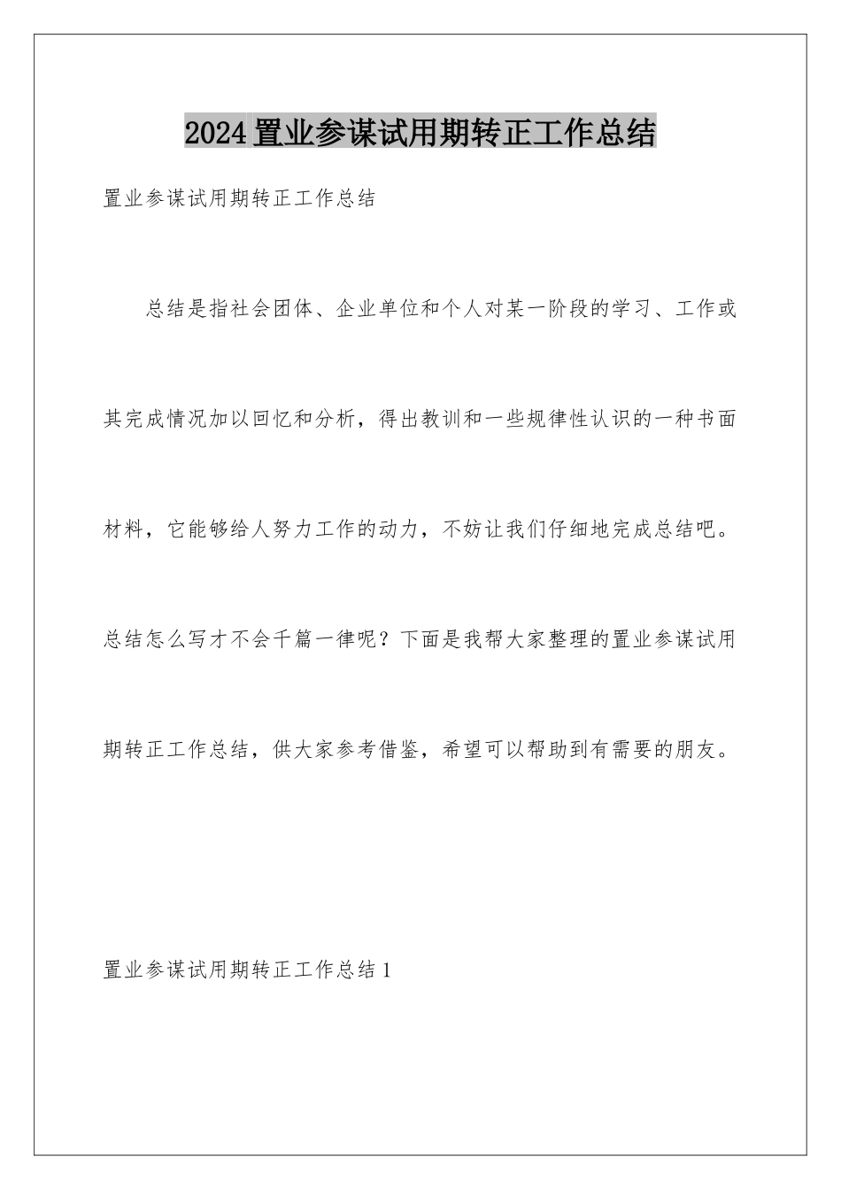 2024年置业顾问试用期转正工作总结_第1页