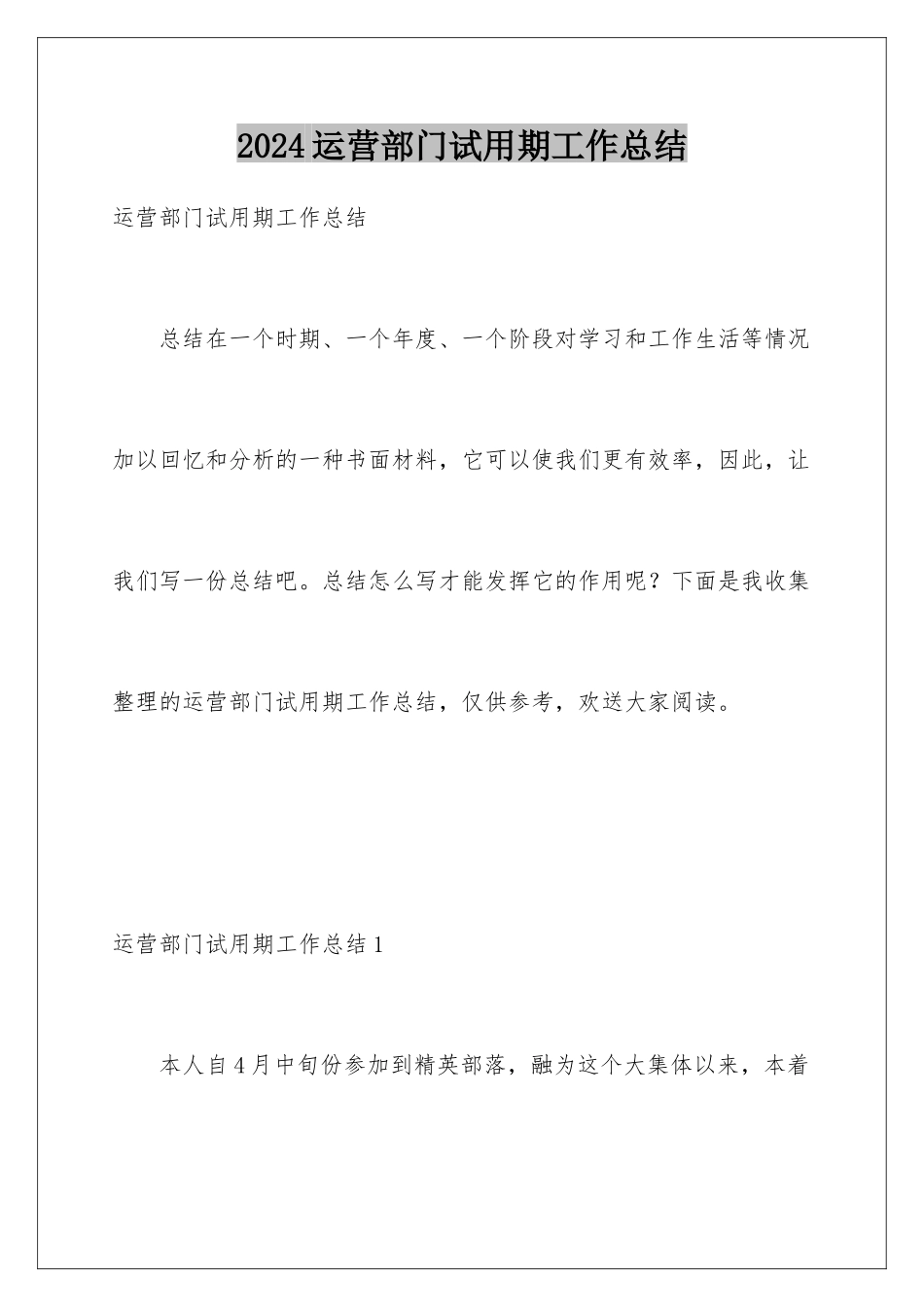 2024年运营部门试用期工作总结_第1页