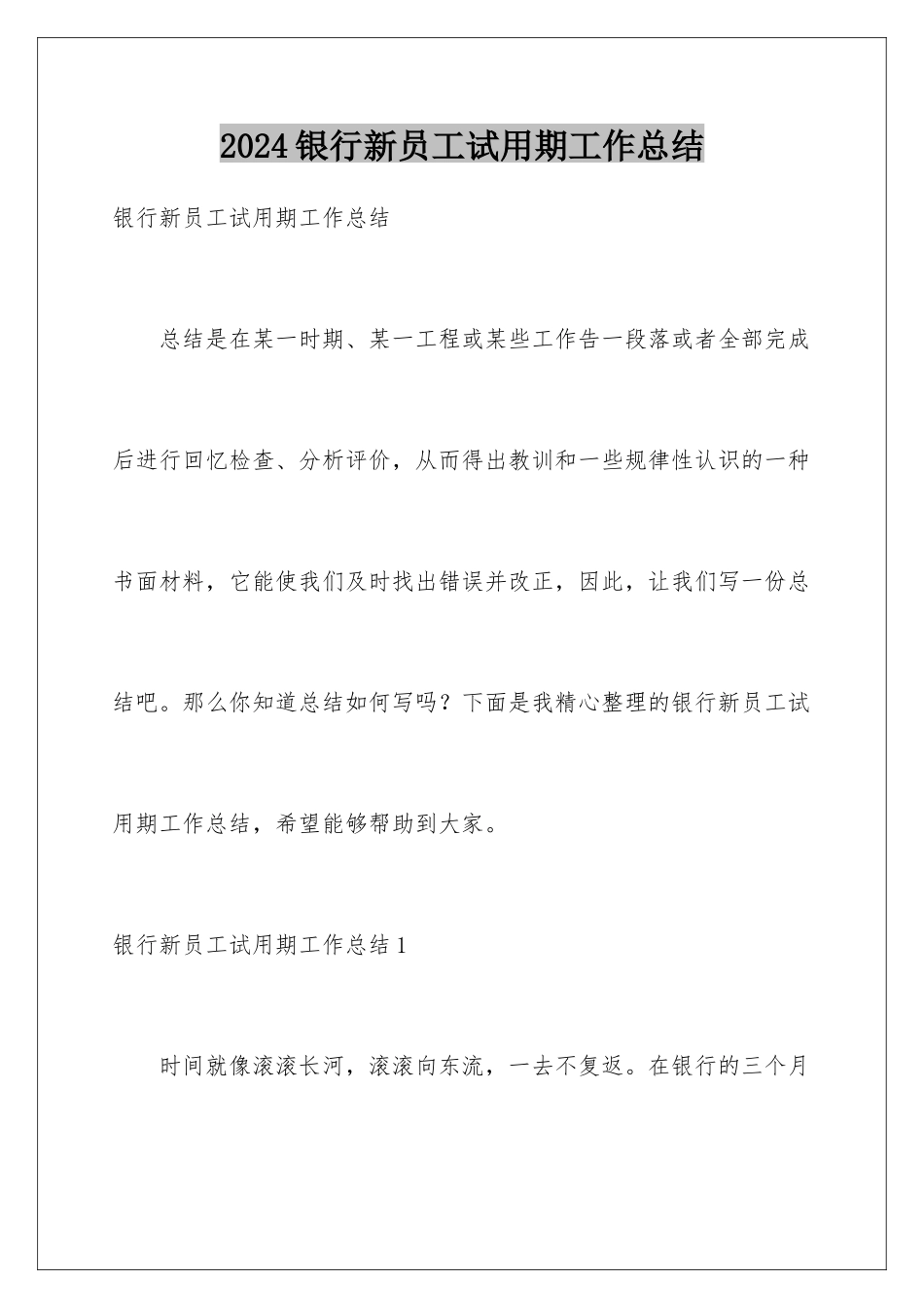 2024年银行新员工试用期工作总结_第1页