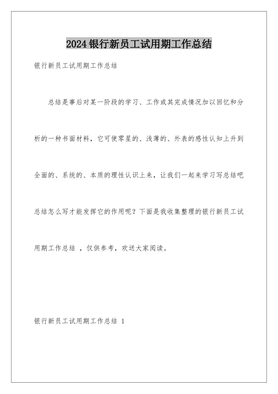 2024年银行新员工试用期工作总结-_第1页