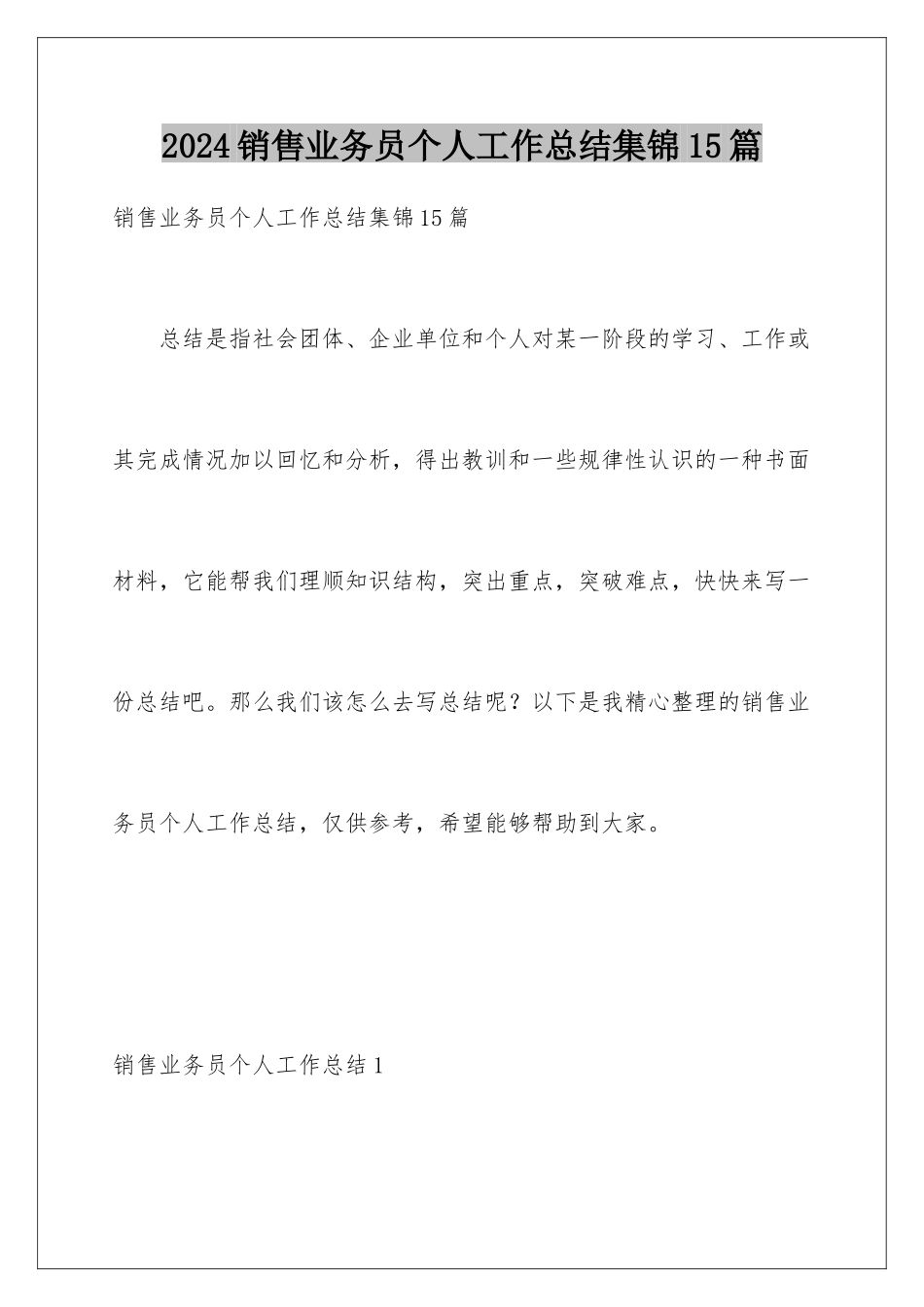 2024年销售业务员个人工作总结集锦15篇_第1页