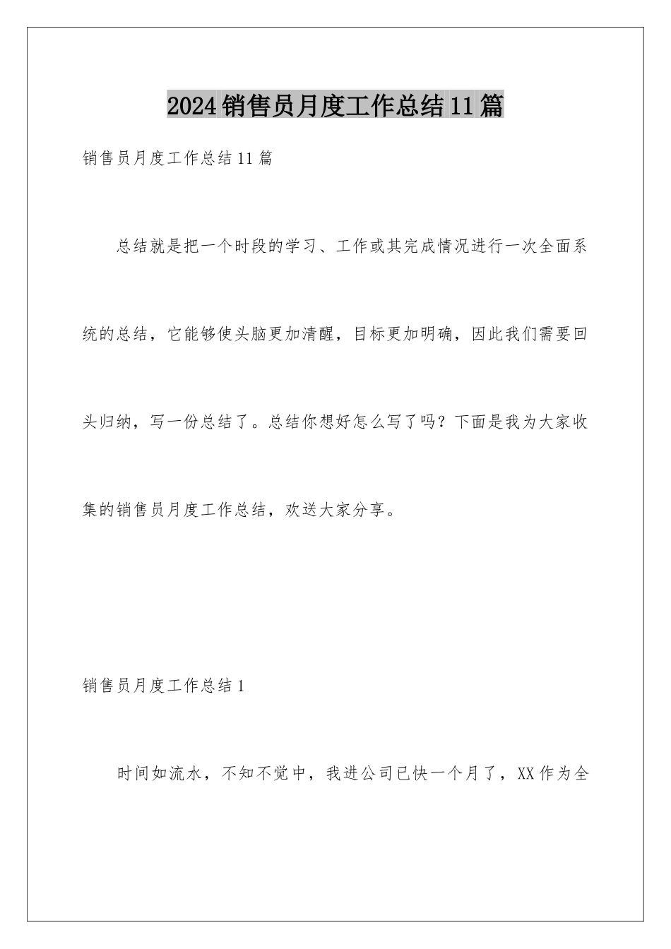2024年销售员月度工作总结11篇_第1页