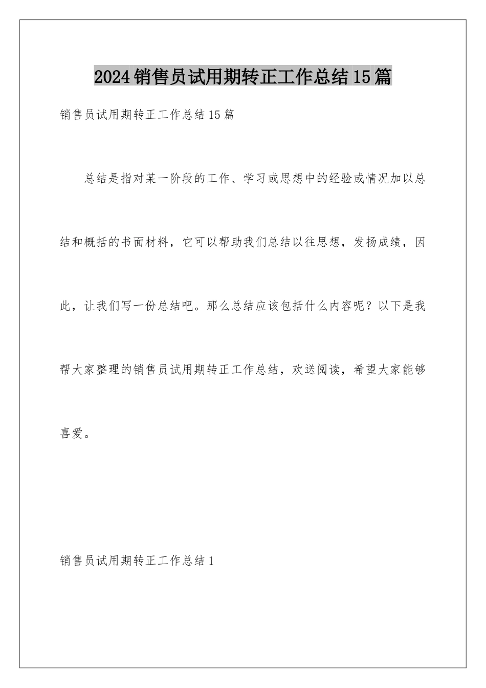 2024年销售员试用期转正工作总结15篇_第1页