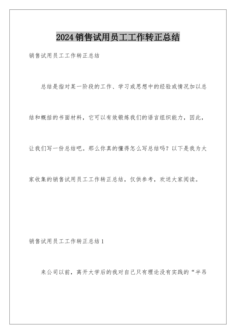 2024年销售试用员工工作转正总结_第1页
