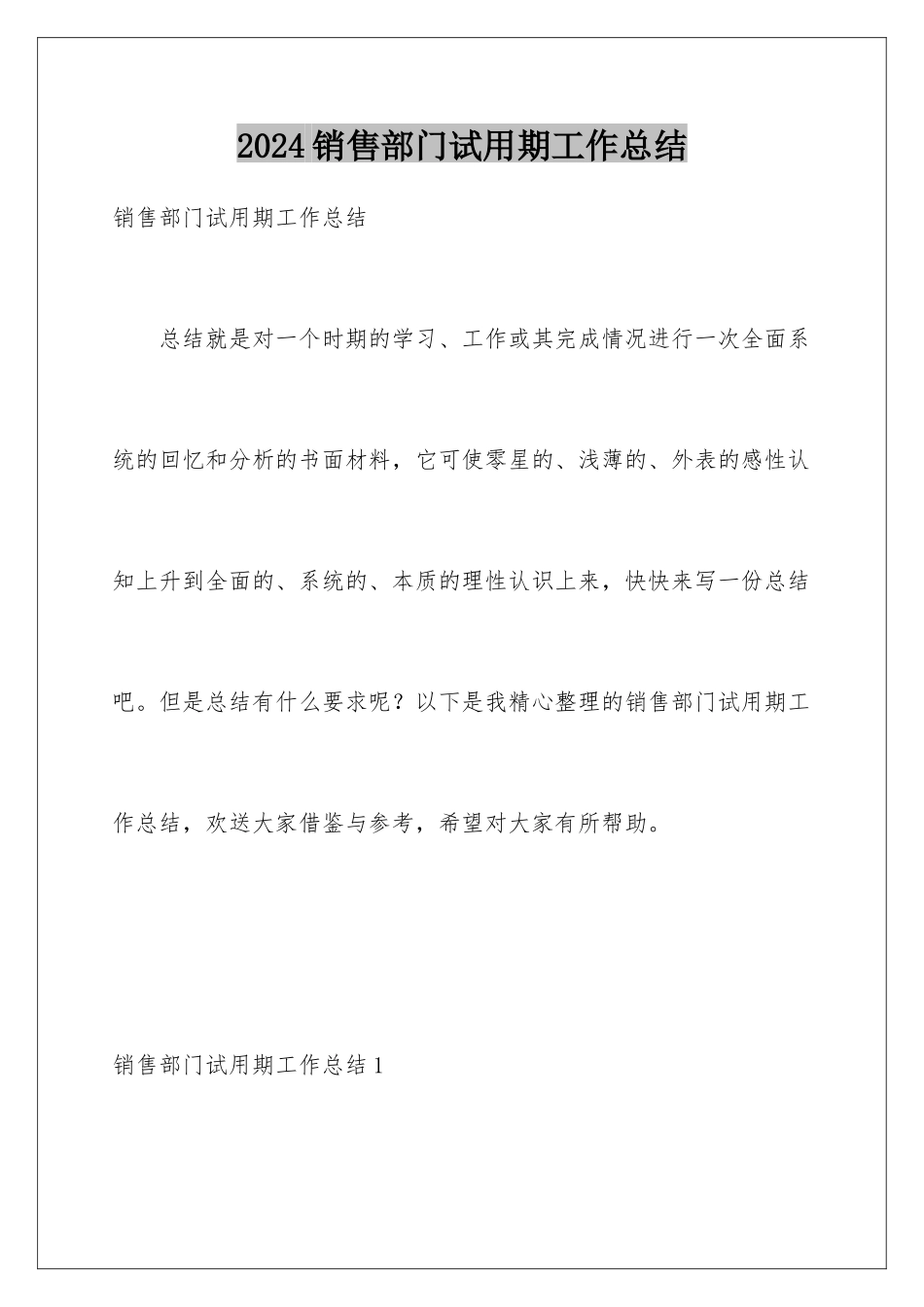 2024年销售部门试用期工作总结_第1页