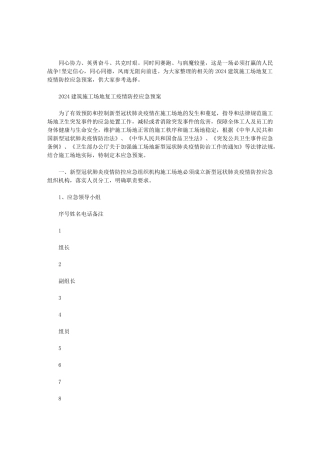 2024建筑工地复工疫情防控应急预案3篇范文