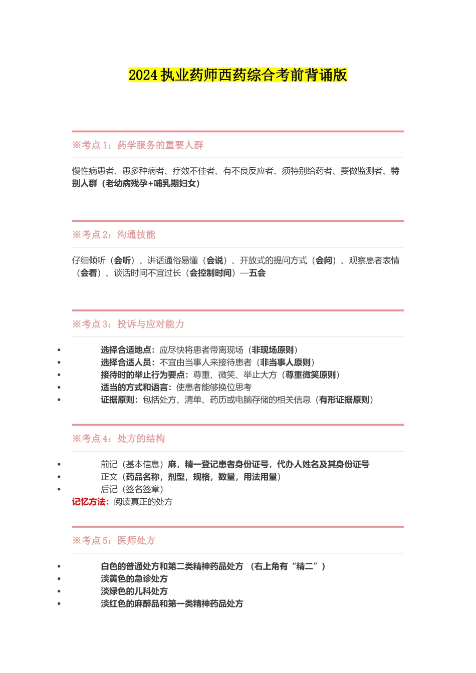 2024执业药师西药综合考前背诵版_第1页