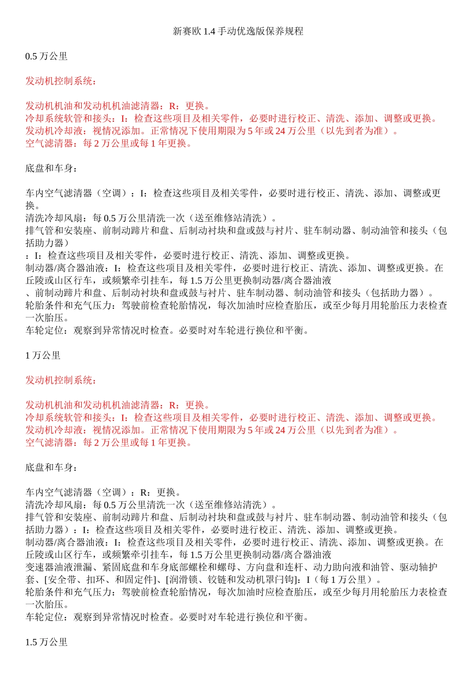 【吐血整理】：新赛欧1.4手动优逸版【按里程】保养规程!_第1页