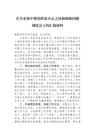 在全市集中整治群众不正之风和腐败问题调度会上的汇报材料