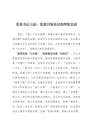 党委书记言论：党建引领基层治理见实效