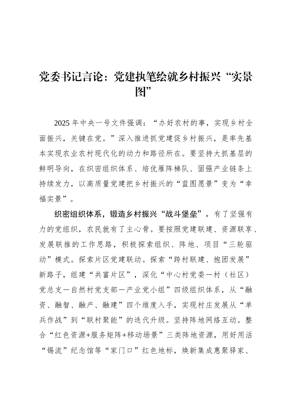 党委书记言论：党建执笔绘就乡村振兴“实景图”_第1页