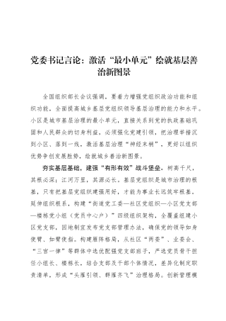 党委书记言论：激活“最小单元”绘就基层善治新图景