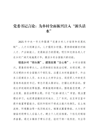 党委书记言论：为乡村全面振兴注入“源头活水”