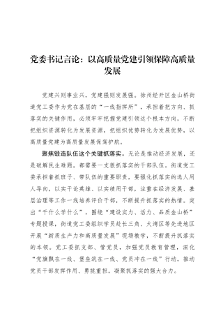 党委书记言论：以高质量党建引领保障高质量发展