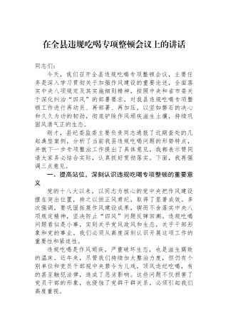 在全县违规吃喝专项整顿会议上的讲话