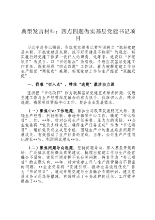 典型发言材料：四点四题做实基层党建书记项目
