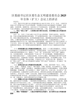 区委副书记在区委生态文明建设委员会2025年全体（扩大）会议上的讲话