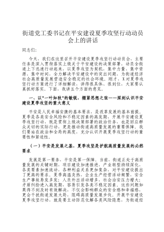 街道党工委书记在平安建设夏季攻坚行动动员会上的讲话