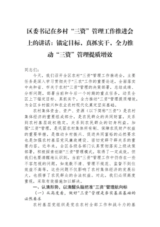 区委书记在乡村“三资”管理工作推进会上的讲话：锚定目标，真抓实干，全力推动“三资”管理提质增效