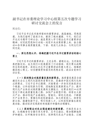 副书记在市委理论学习中心组第五次专题学习研讨交流会上的发言