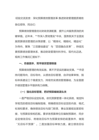 经验交流发言：深化预算绩效管理改革+推进财政管理提质增效