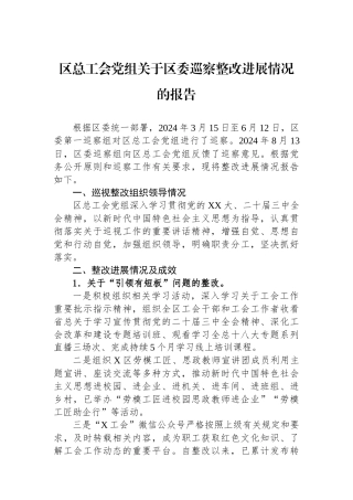 区总工会党组关于区委巡察整改进展情况的报告