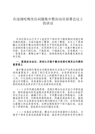 在违规吃喝突出问题集中整治动员部署会议上的讲话