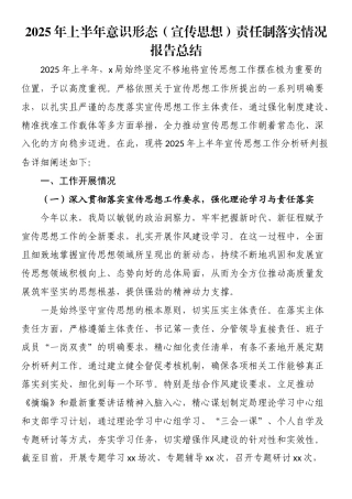 2025年上半年意识形态（宣传思想）责任制落实情况报告总结