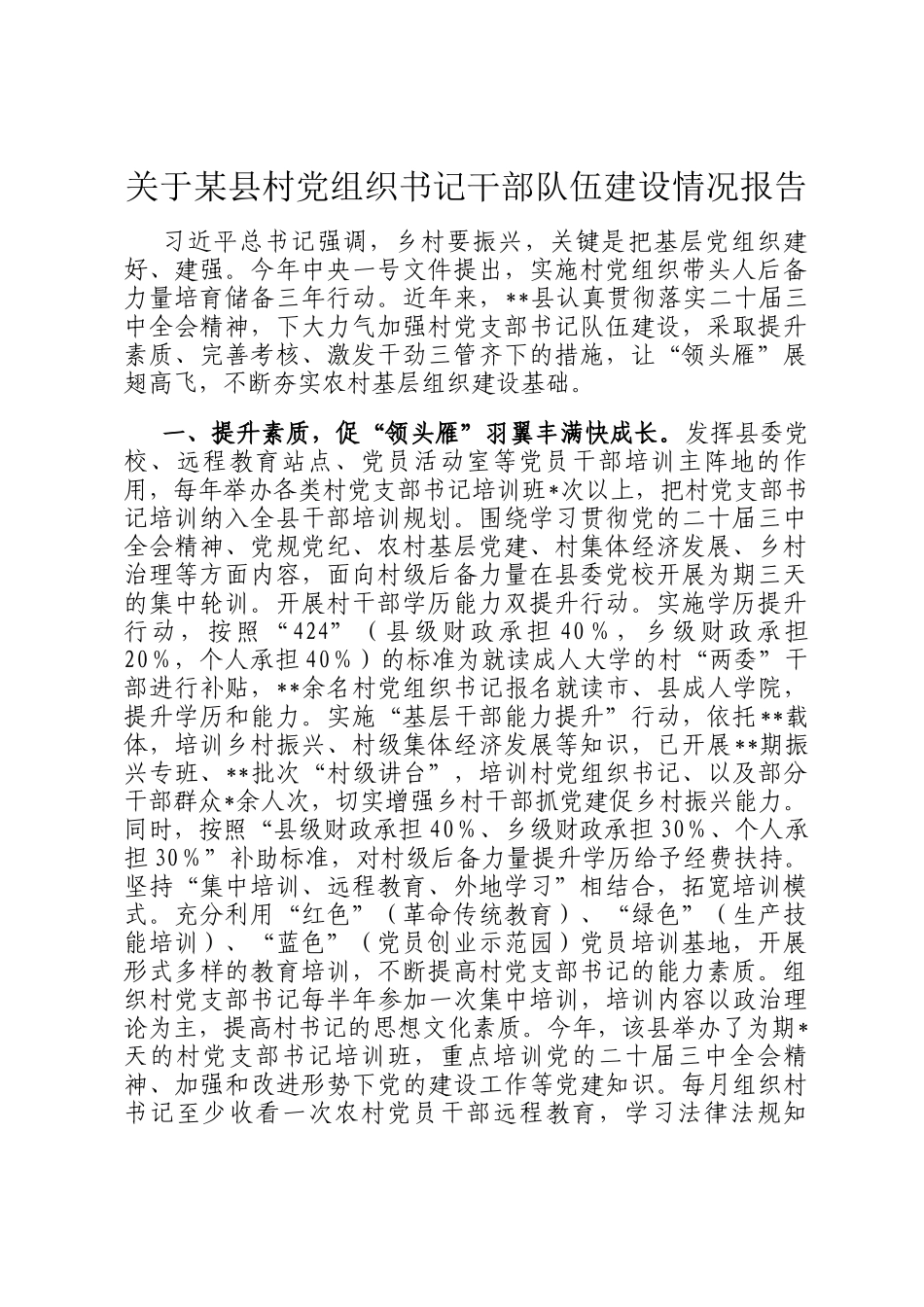 关于某县村党组织书记干部队伍建设情况报告_第1页