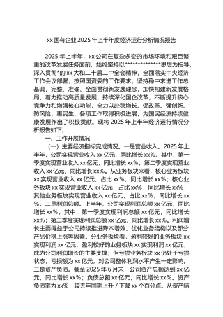 XX国有企业2025年上半年度经济运行分析情况报告
