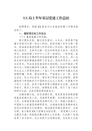 XX局上半年基层党建工作总结
