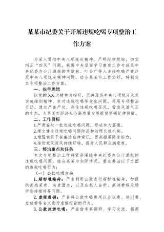 某某市纪委关于开展违规吃喝专项整治工作方案
