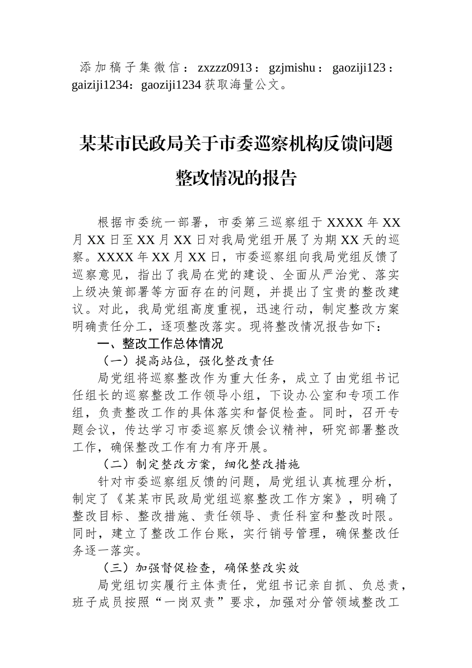 某某市民政局关于市委巡察机构反馈问题整改情况的报告_第1页