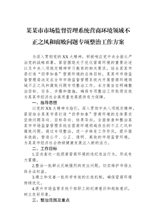 某某市市场监督管理系统营商环境领域不正之风和腐败问题专项整治工作方案