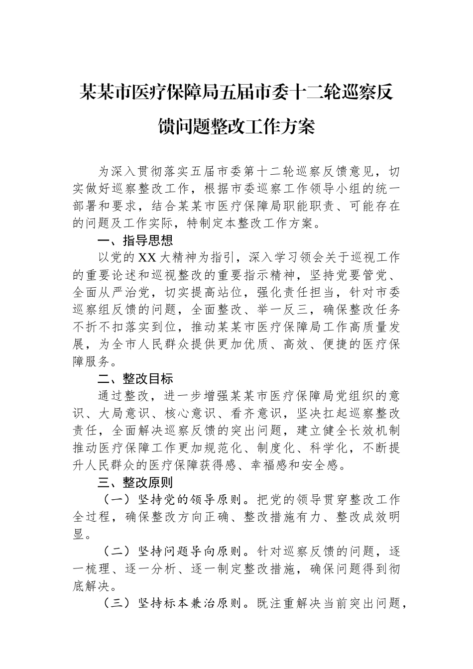 某某市医疗保障局五届市委十二轮巡察反馈问题整改工作方案_第1页