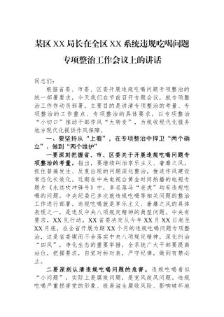 某区XX局长在全区XX系统违规吃喝问题专项整治工作会议上的讲话