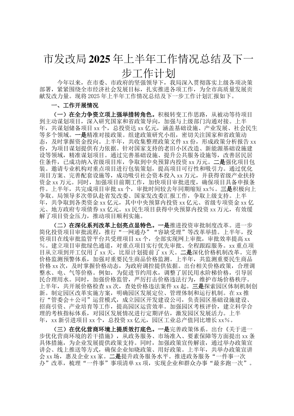 市发改局2025年上半年工作情况总结及下一步工作计划_第1页