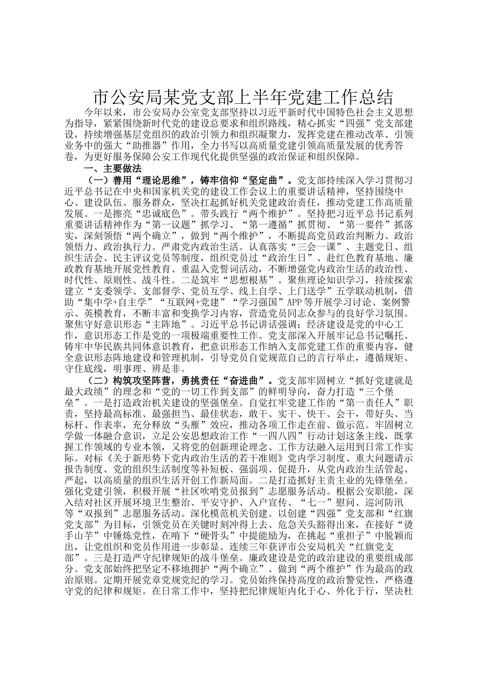 市公安局某党支部上半年党建工作总结_第1页