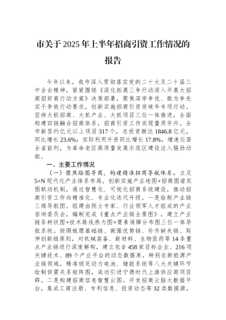 市关于2025年上半年招商引资工作情况的报告