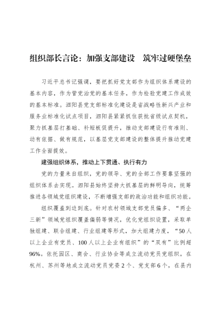 组织部长言论：加强支部建设　筑牢过硬堡垒
