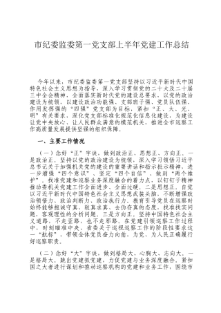 市纪委监委第一党支部上半年党建工作总结