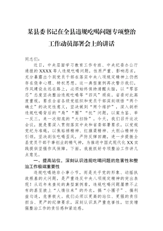 某县委书记在全县违规吃喝问题专项整治工作动员部署会上的讲话
