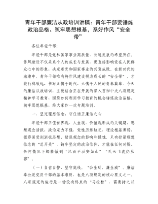 青年干部廉洁从政培训讲稿：青年干部要锤炼政治品格、筑牢思想根基，系好作风“安全带”